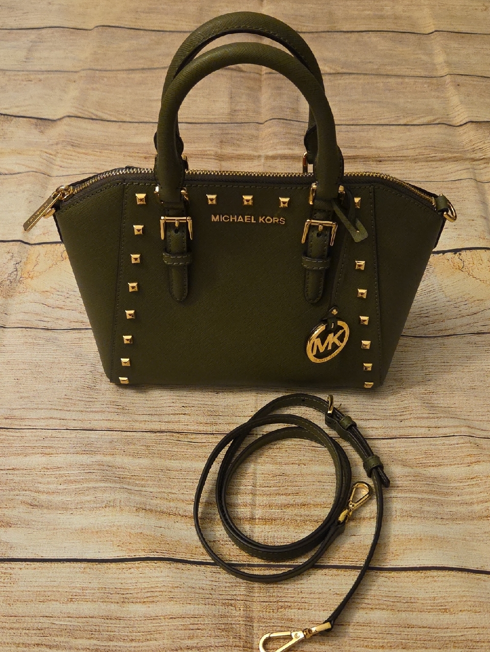 Michael Kors Olive Green Studded Crossbody Satchel